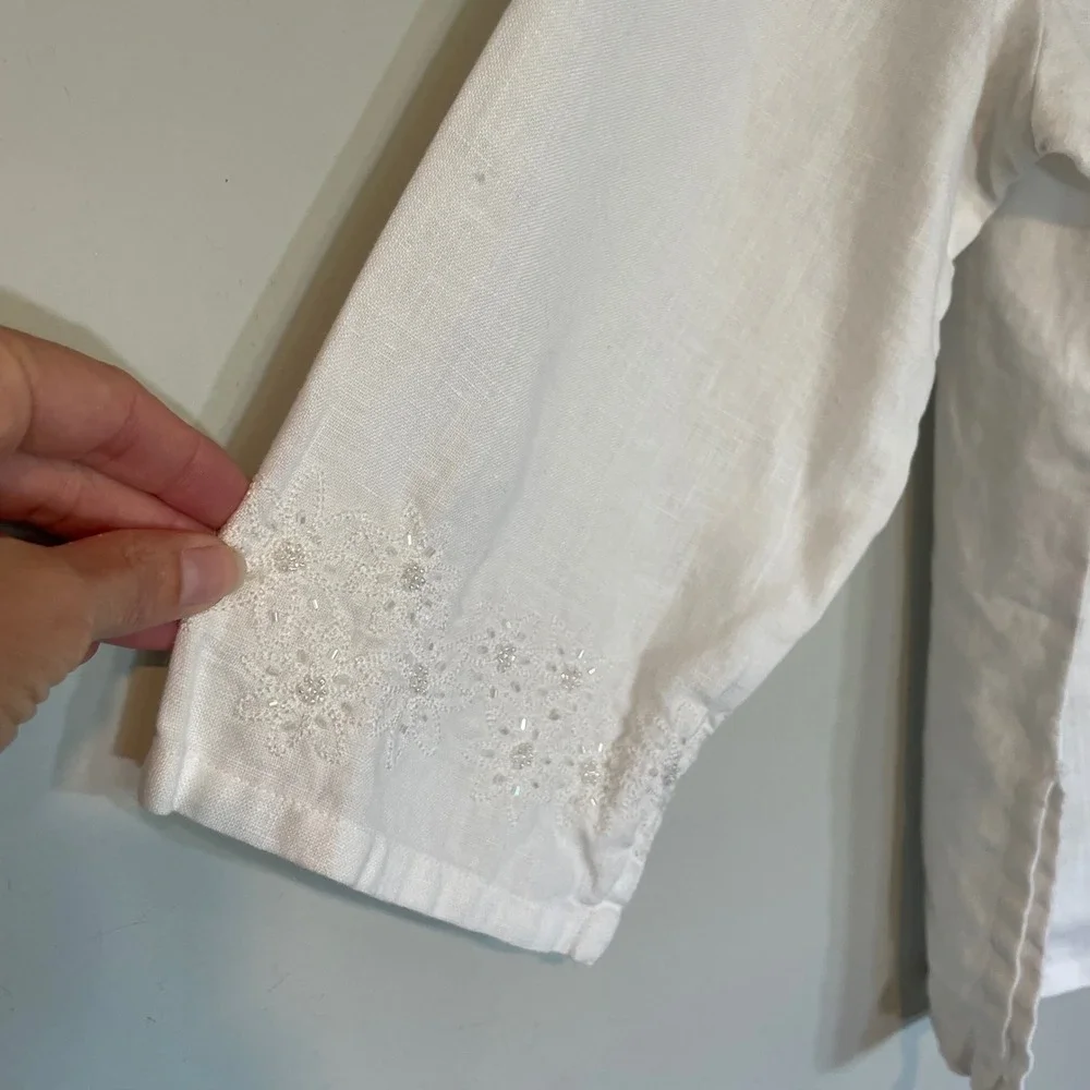 Laura Ashley Womens‎ White Linen Embroidered Sequin Tunic Top Size L Boho